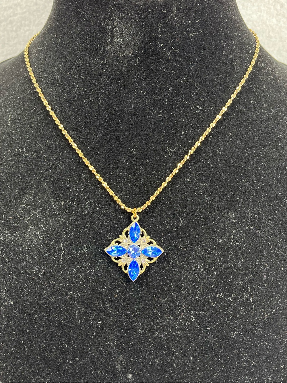Rare Vintage Anne Koplik Brass Necklace Romantic Royal Blue Pendant 16”-18" USA - Picture 3 of 6
